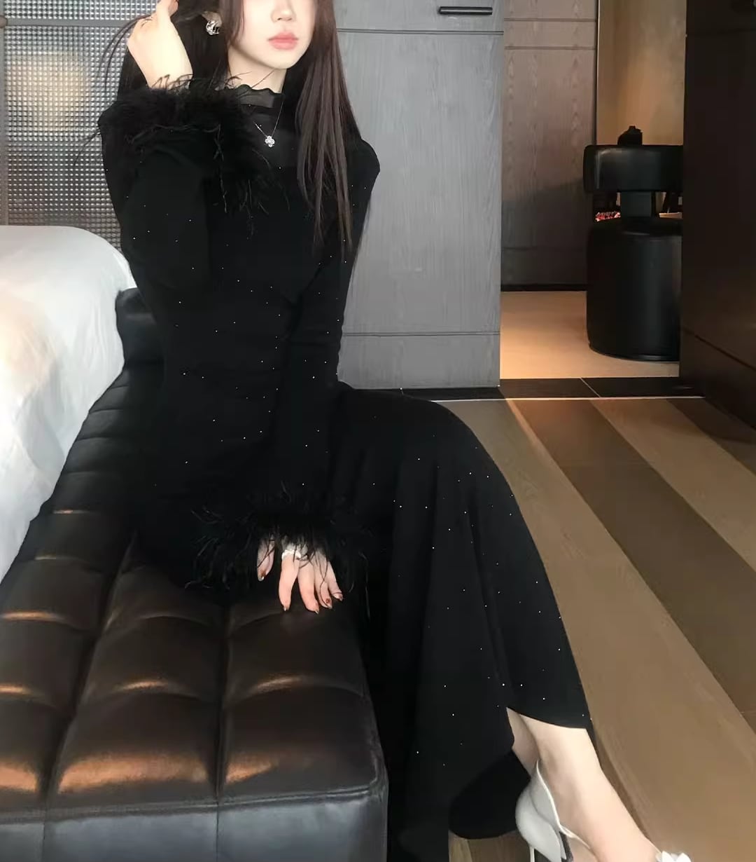 【dress】袖ファーチュールドッキングニットワンピース Q7559