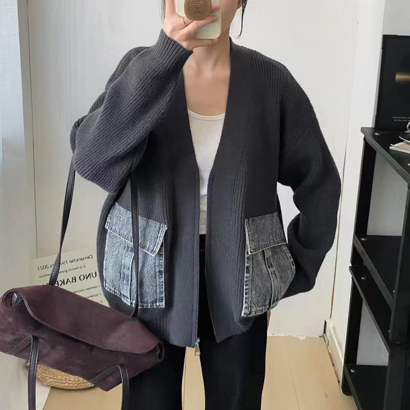 【outer】デニムドッキングニットカーディガン Q7254