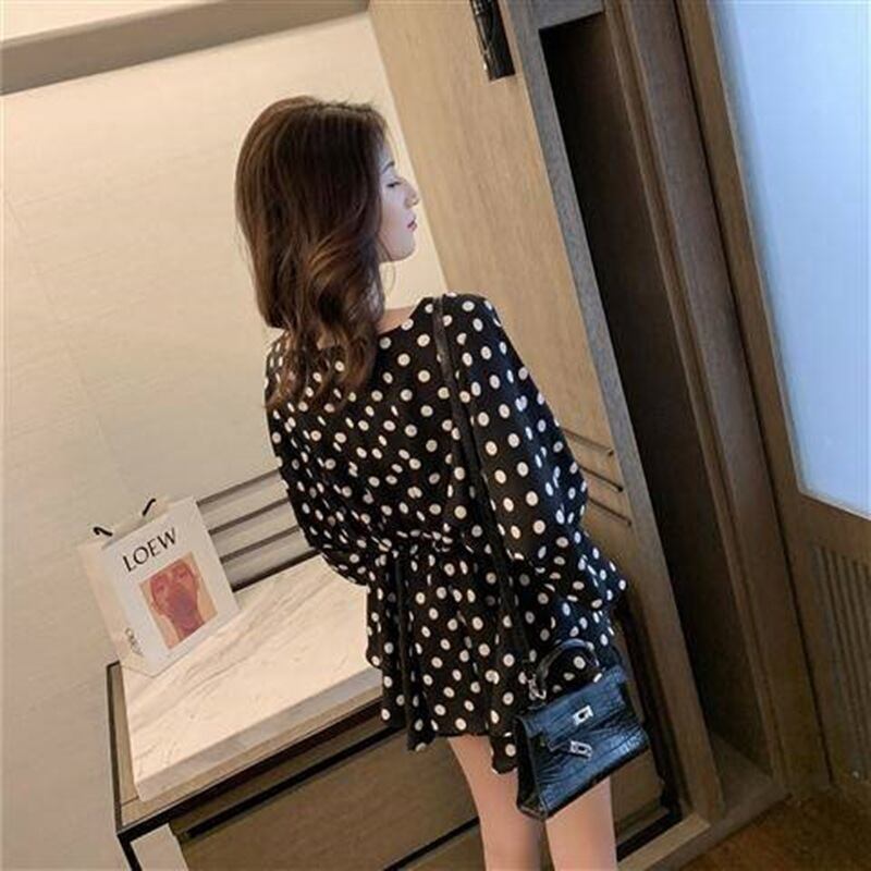 【tops】好感度満載！Vネック半袖シフォンドット柄ウェスト絞りファッションブラウスF0373