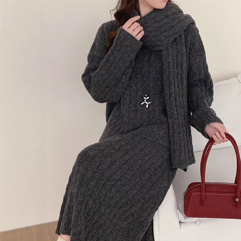 【set】マフラー×ニットトップス×ロングスカート3点セット Q6973
