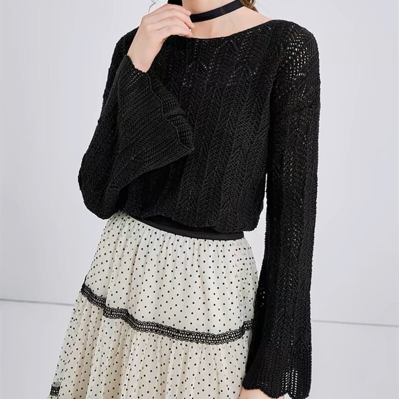 【tops】フレアスリーブ透かし彫りニットトップスG20244