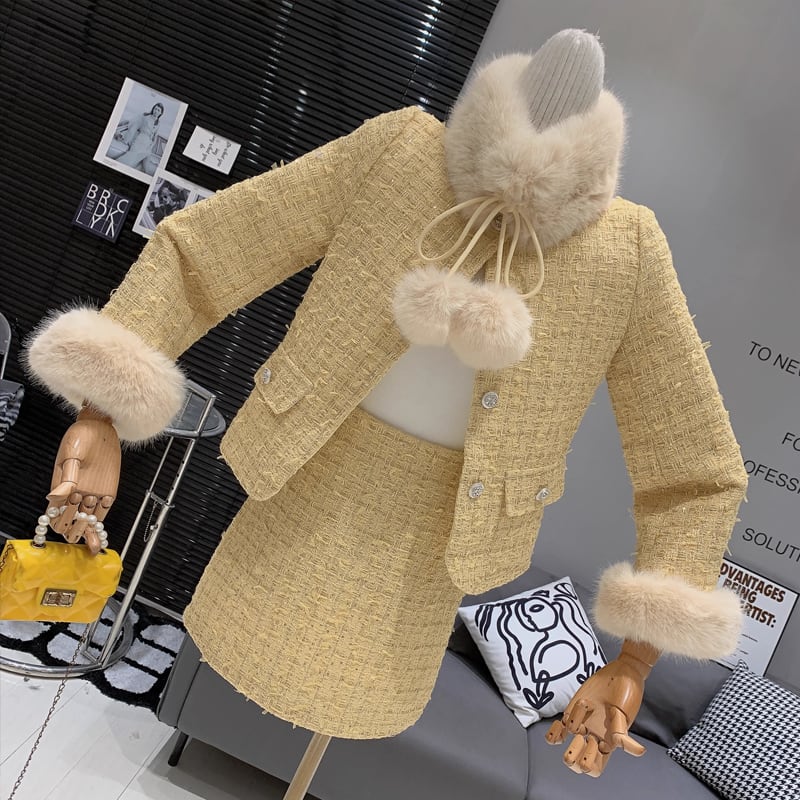 【set】ファー付きツイードジャケット×ミニスカートセット Q7462
