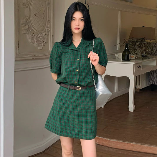 【set】チェック柄ブラウス+スカート２点セットG21572