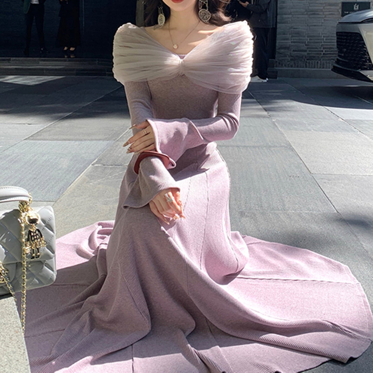 【dress】チュールドッキングニットワンピース　N3460