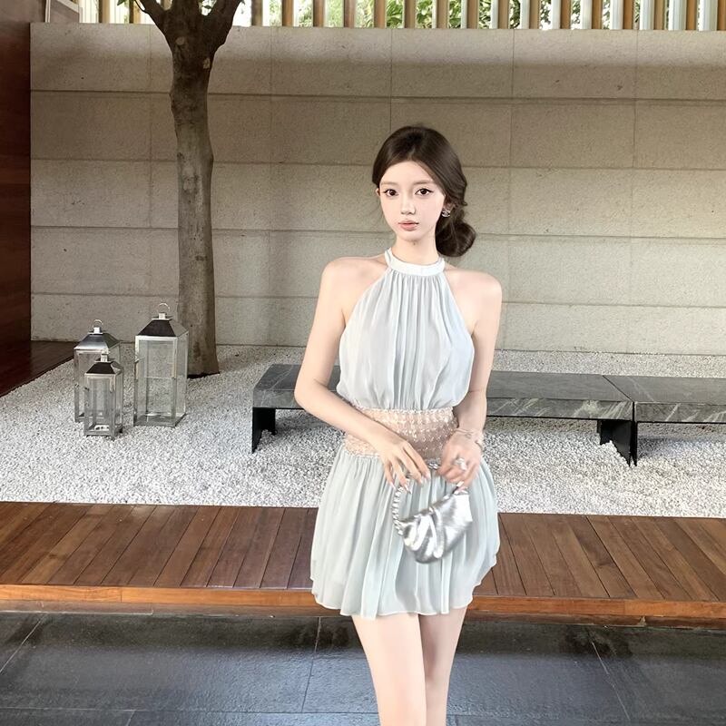 【dress】ビーズ付きノースリーブチュールミニワンピース Q8406