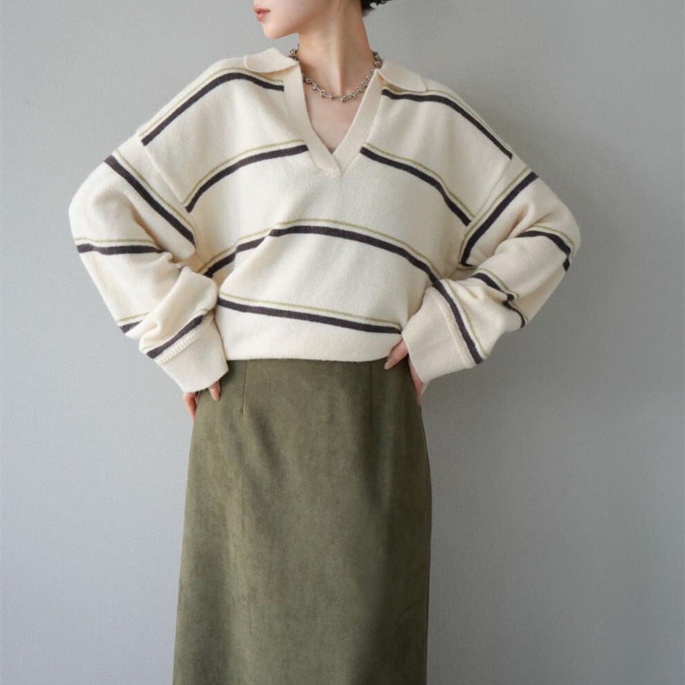 【tops】Ⅴネックボーダー柄ニットトップス N3430