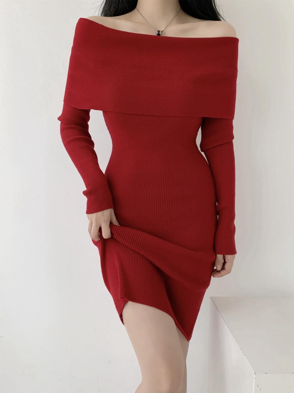 【dress】オフショルダーニットワンピース　M28033