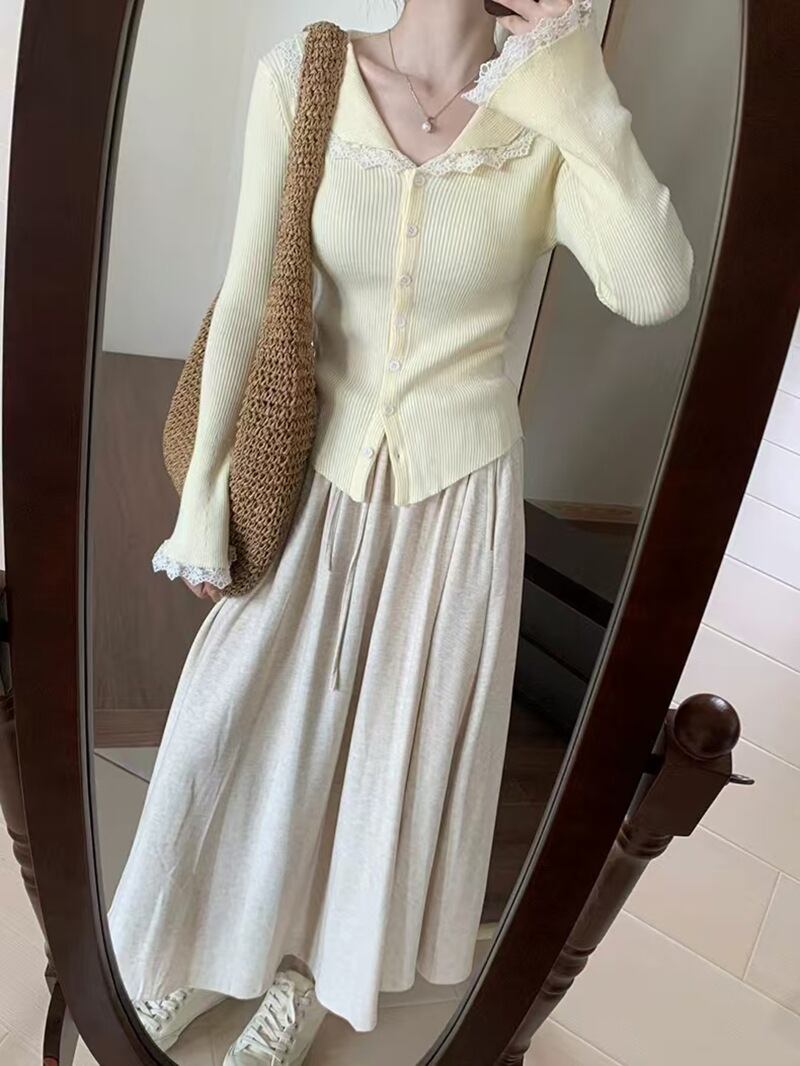 【tops】レース切り替えニットカーデ　M27552