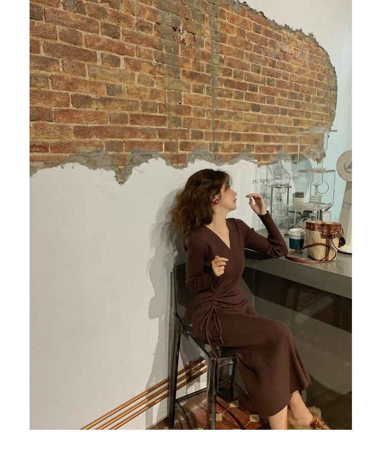 【dress】好感度UP!気質満点デザインフランス風シンプルVネックニットワンピース G2822