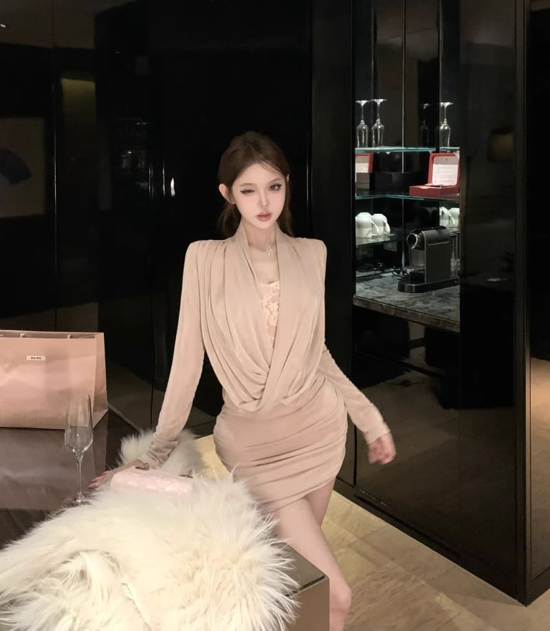 【dress】レースドッキングドレープドネックタイトワンピース Q7546