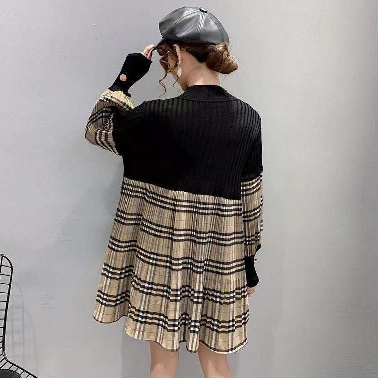 【dress】長袖切り替えチェック柄ワンピースF8136