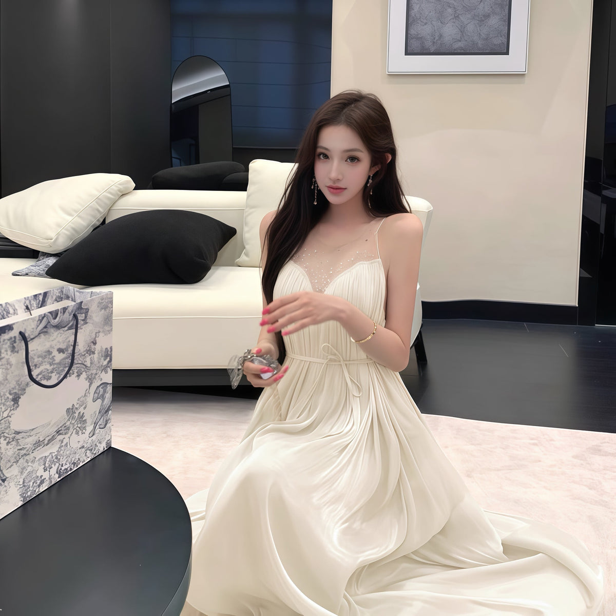 【dress】ラインストーン付きチュールドッキングロングワンピース Q8377