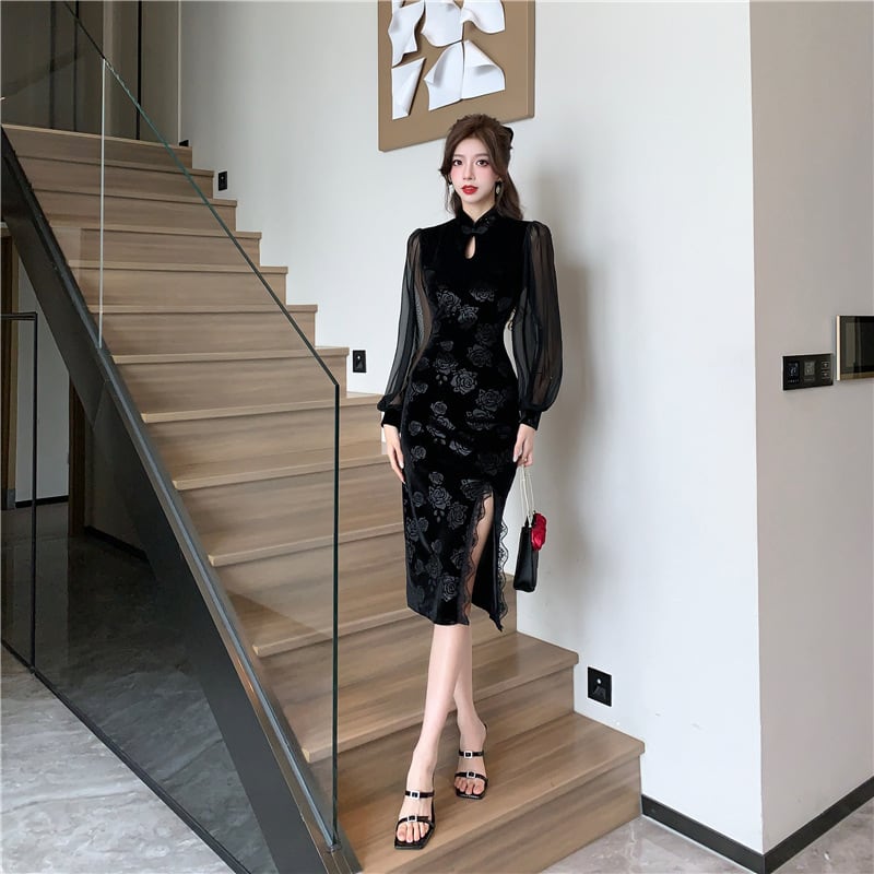 【dress】チュールコンビレーススリットワンピース　M29351