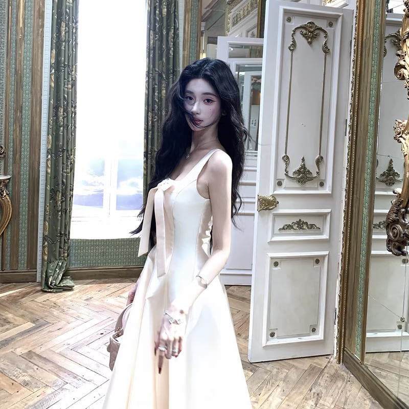 【dress】リボン付きフレアロングキャミワンピース Q8380