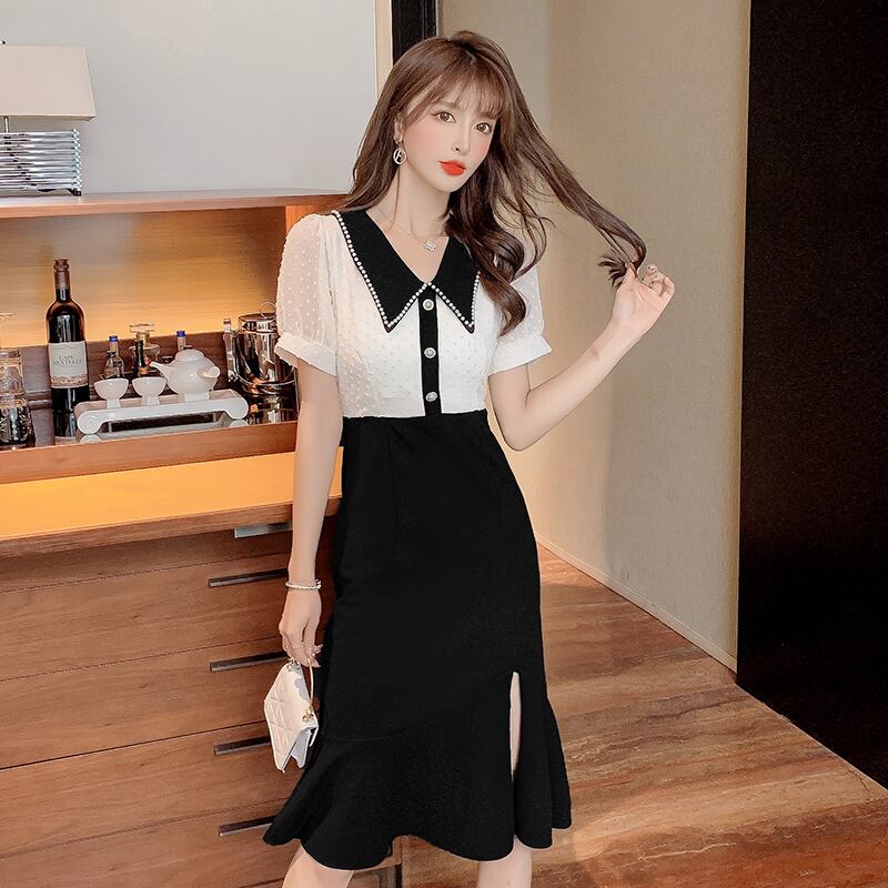 【dress】気質満点スリットマーメイドドールカラーセーターパフスリーブワンピース