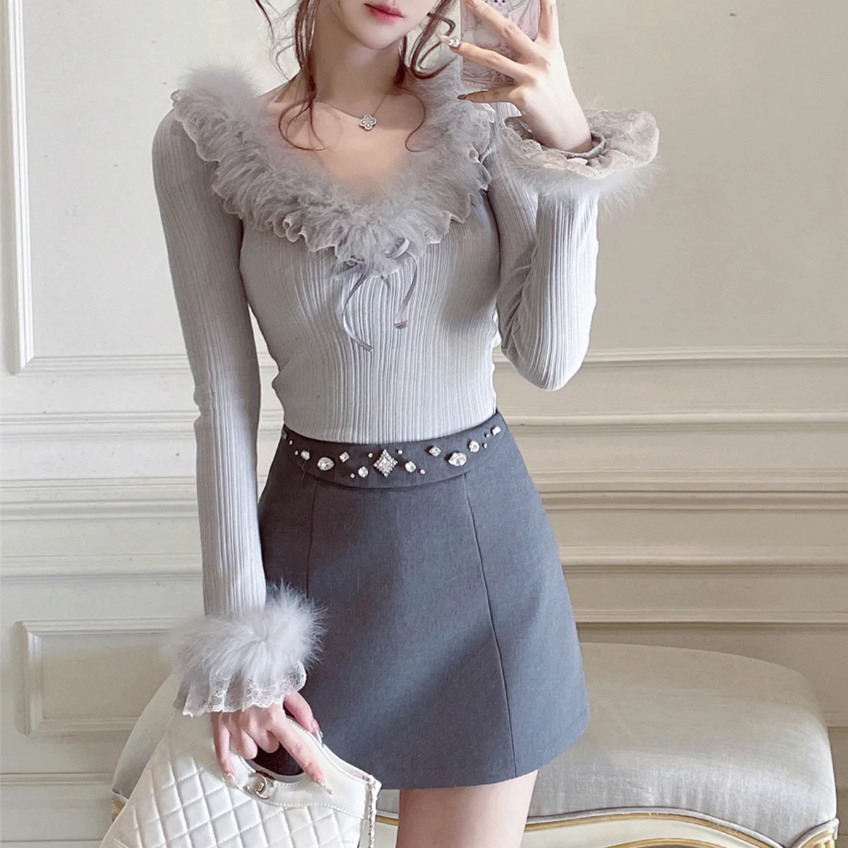 【tops】ファーレースドッキングニットトップス　N3355