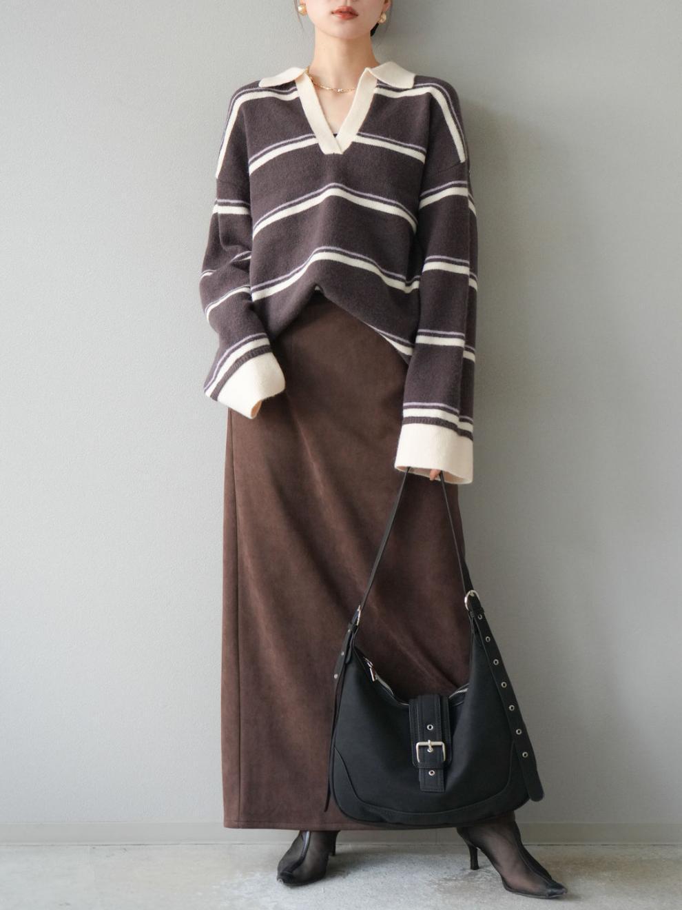 【tops】Ⅴネックボーダー柄ニットトップス N3430
