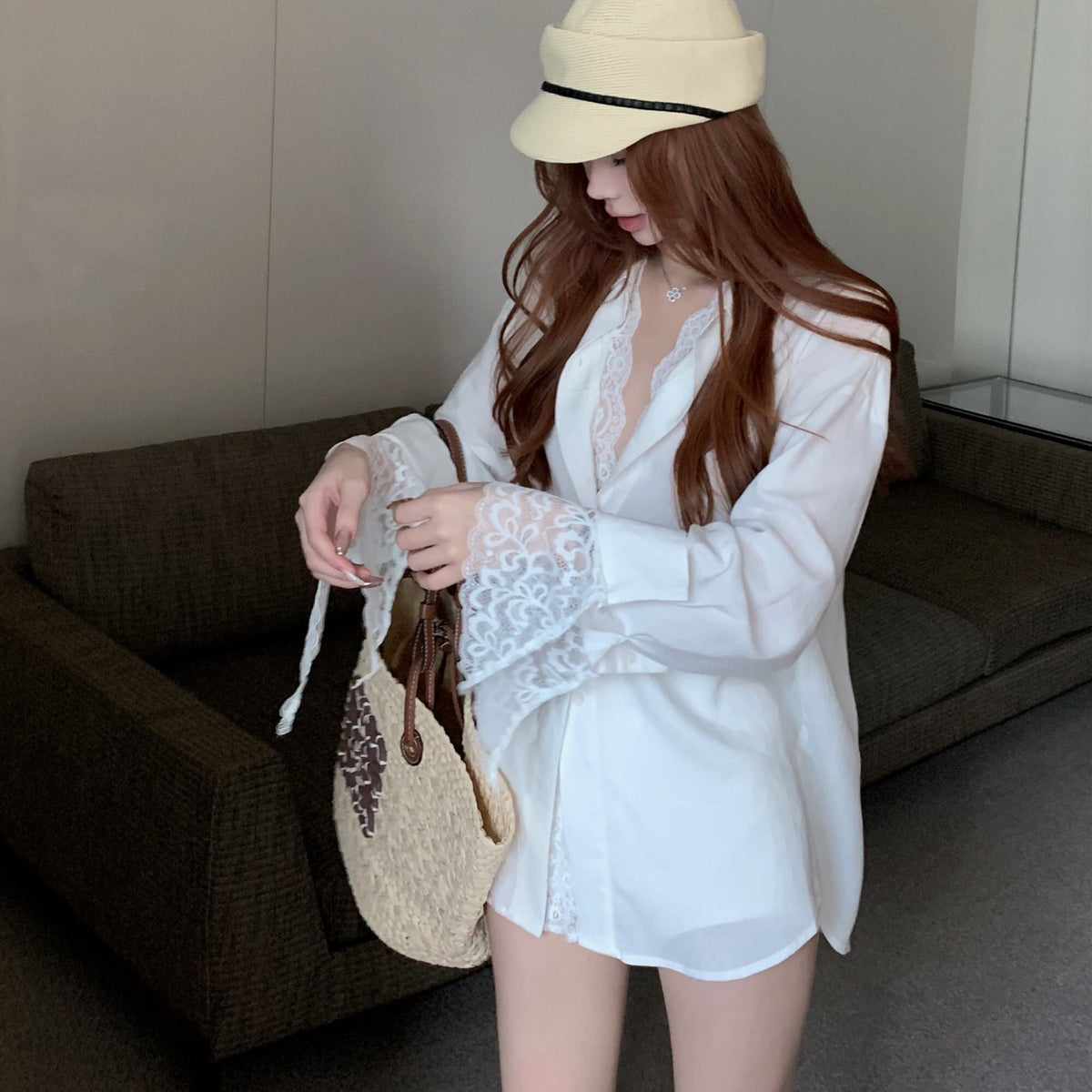 【tops】UVカットレース切り替えシャツ　N2684