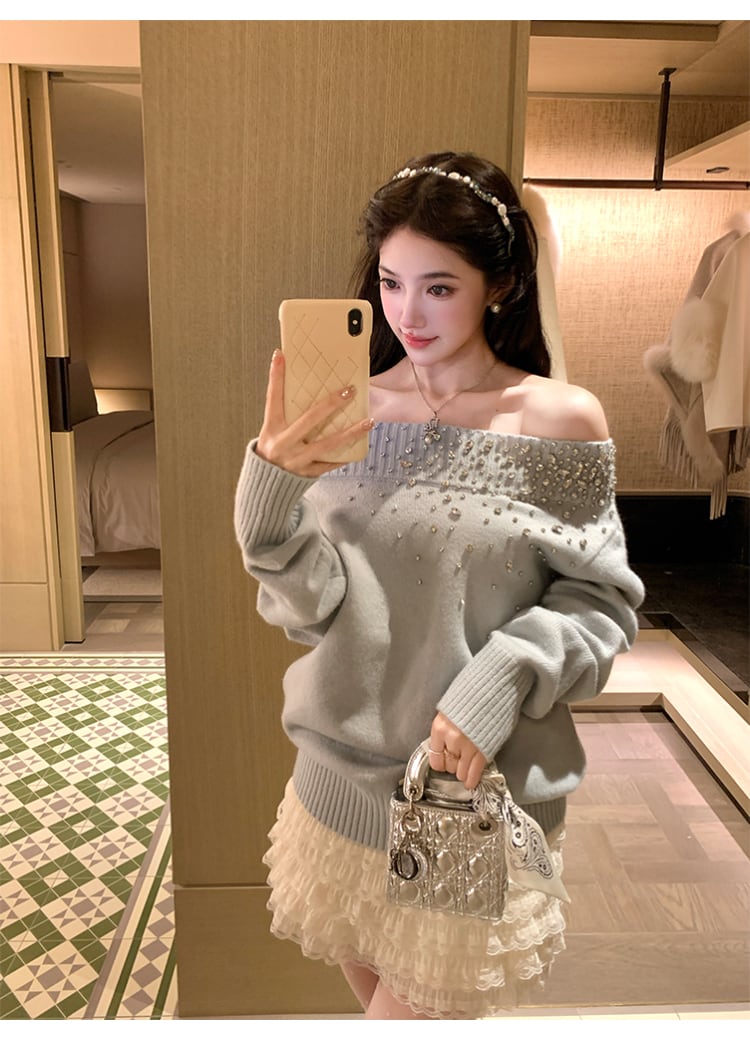 【tops】オフショルビジューニットトップス N3425