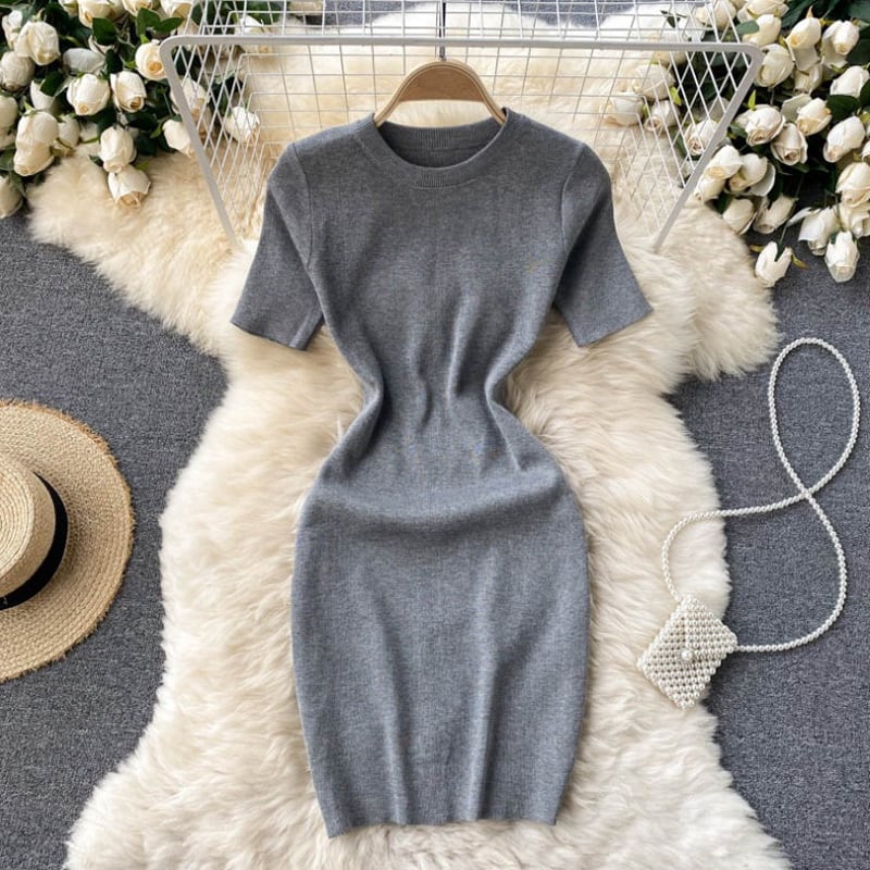 【dress】半袖体型カバーニットワンピースF7525