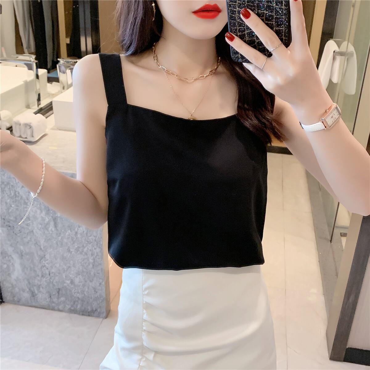 【tops】店長推薦3色夏新作韓国風INS風スクエアネック無地着回しキャミソールF1996