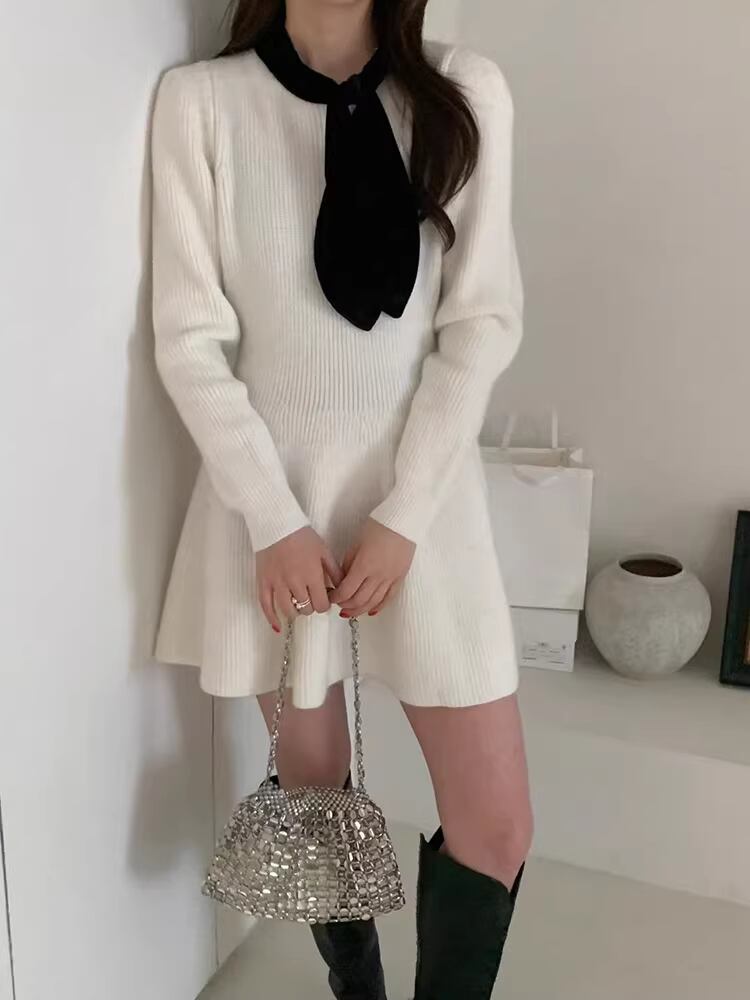 【dress】スカーフカラーニットワンピース Q7482