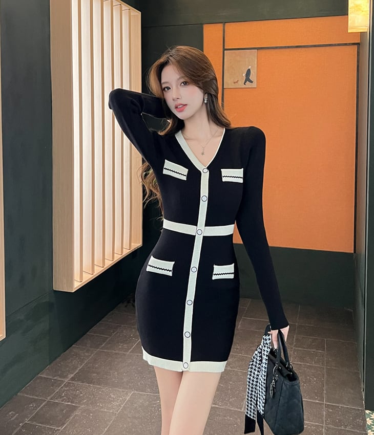【dress】Vネックニットワンピース Q6940