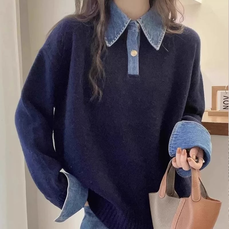 【tops】デニムドッキングニットトップス Q7216