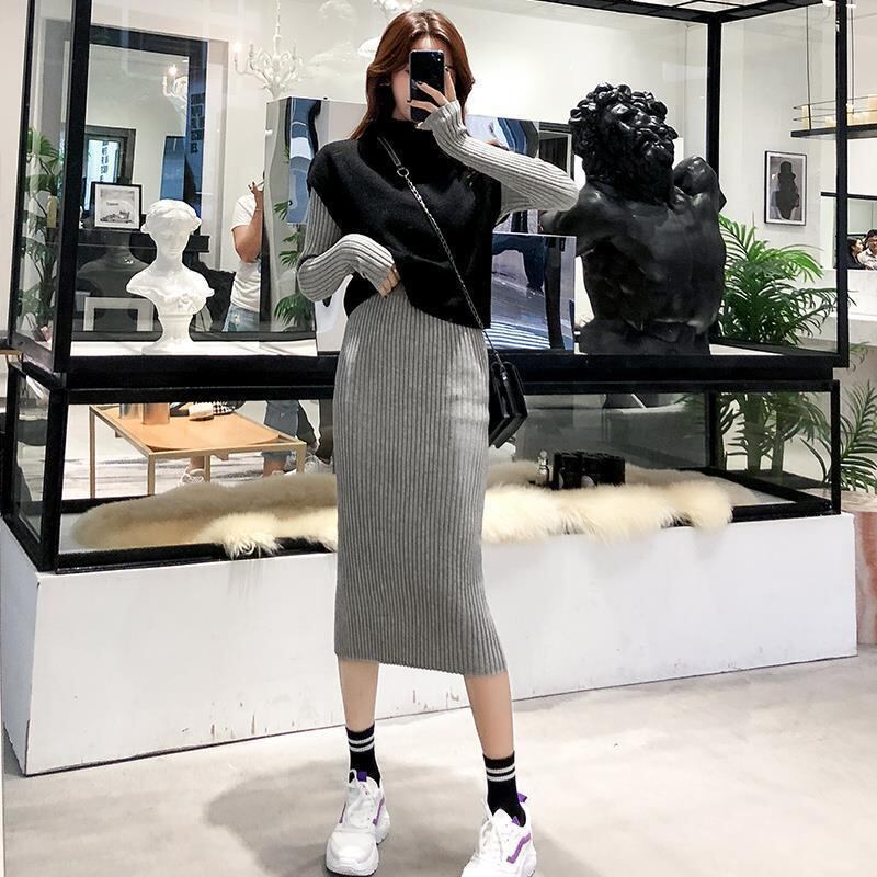 【set】秋冬新作好感度UP!気質満点ファッションベスト+ニットワンピース２点セット G3606