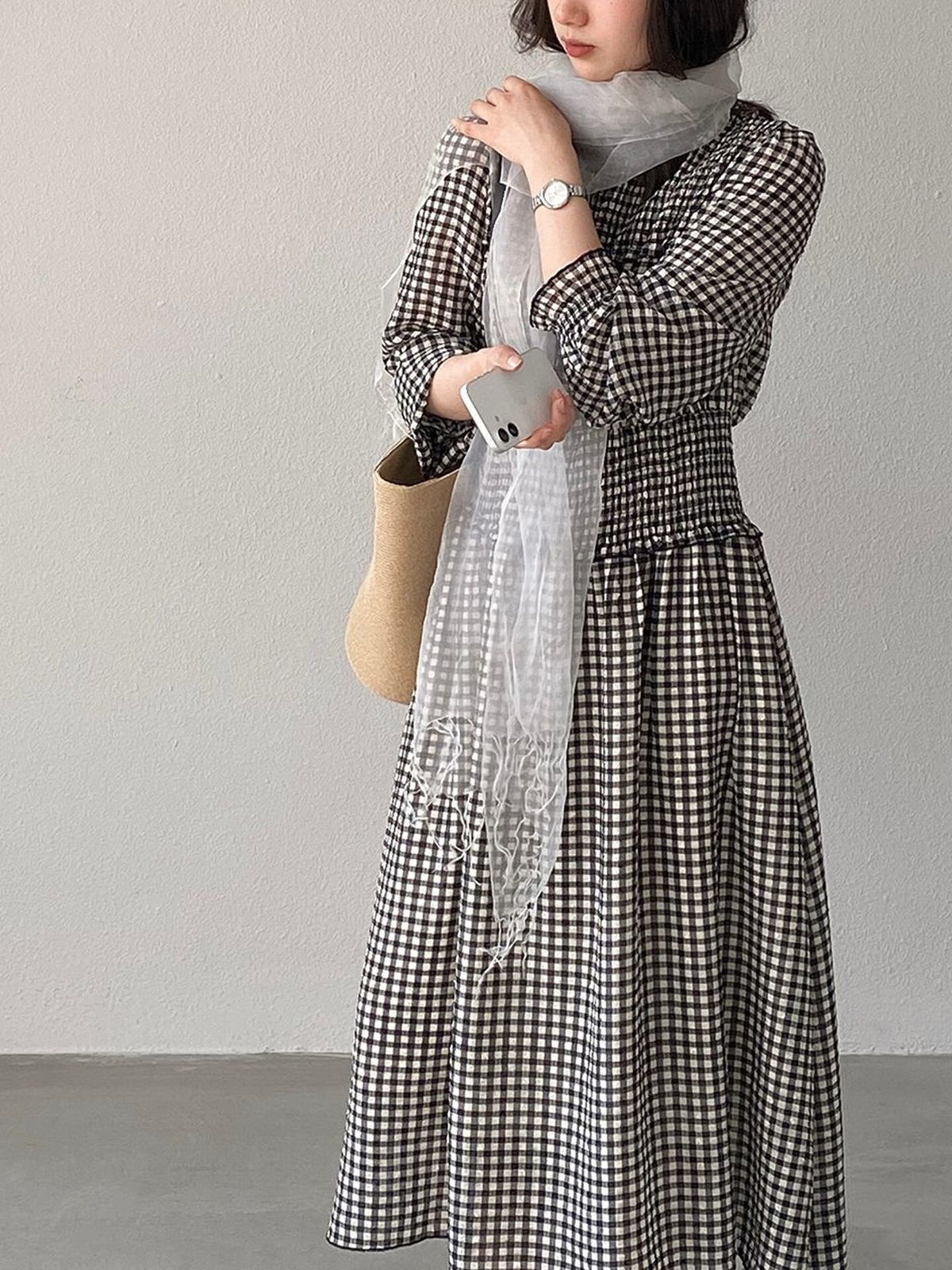 【dress】チェック柄ロングワンピース Q8249