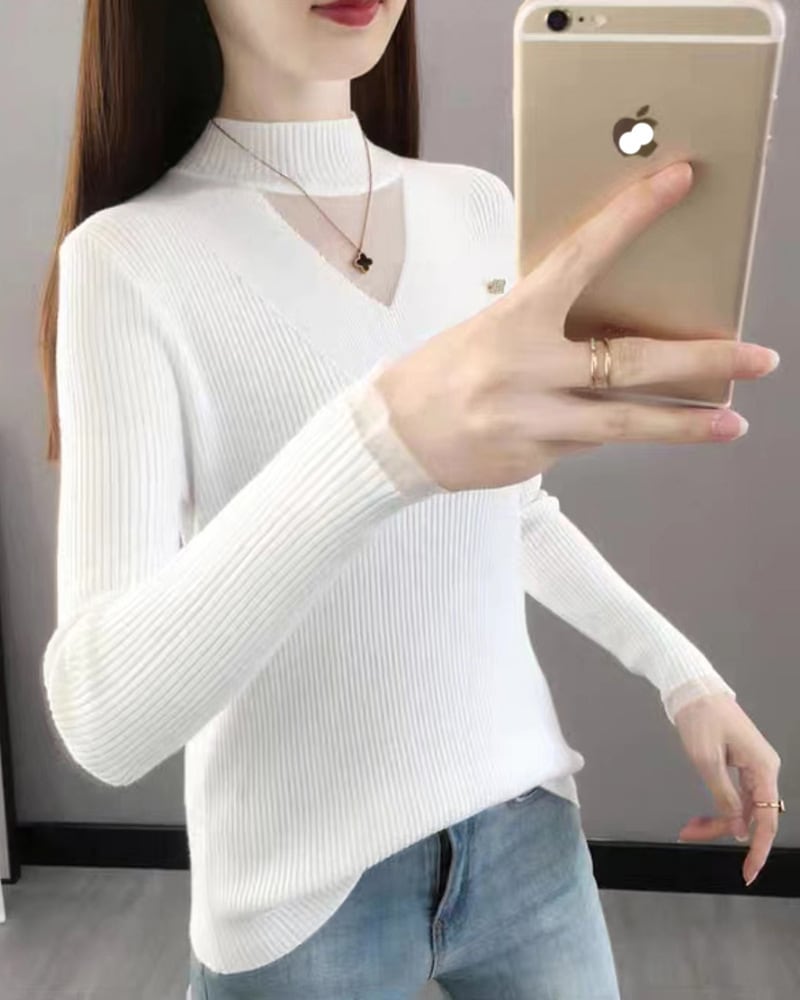 【tops】メッシュ切り替えニットハーフネックセーターG18037