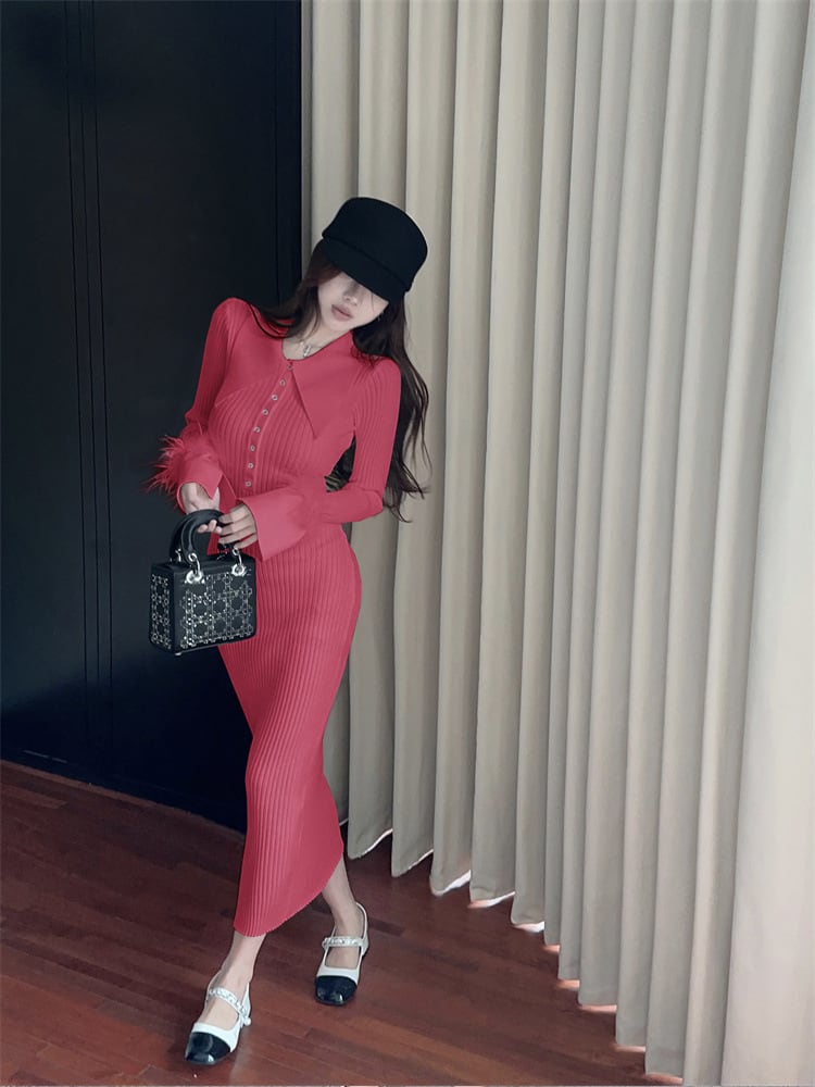【dress】袖ファーニットワンピース Q7123