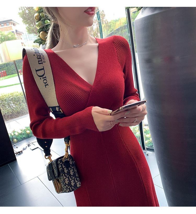 【dress】好感度UP!気質満点エレガントVネック知的着痩せニットワンピース G2291