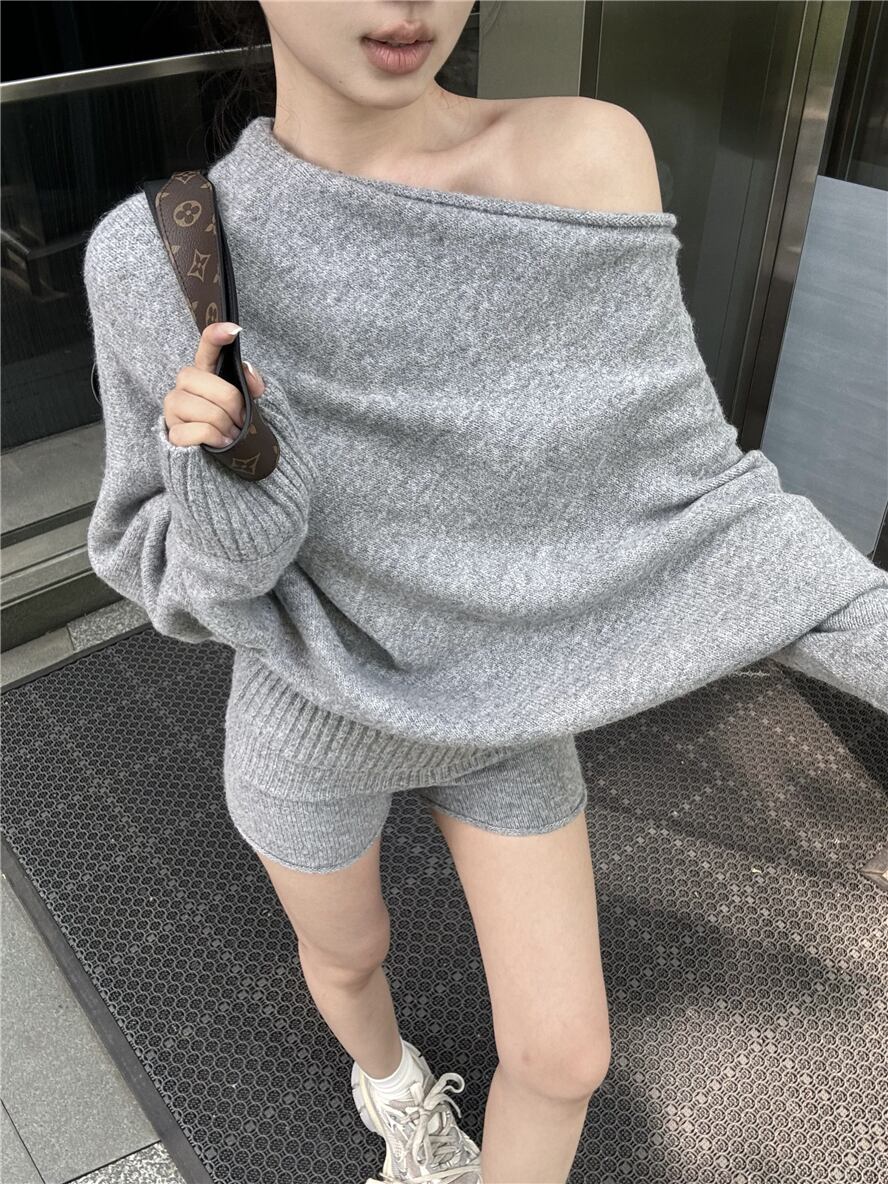 【set】オフショルダーニットトップス×ショートパンツセット　N2884