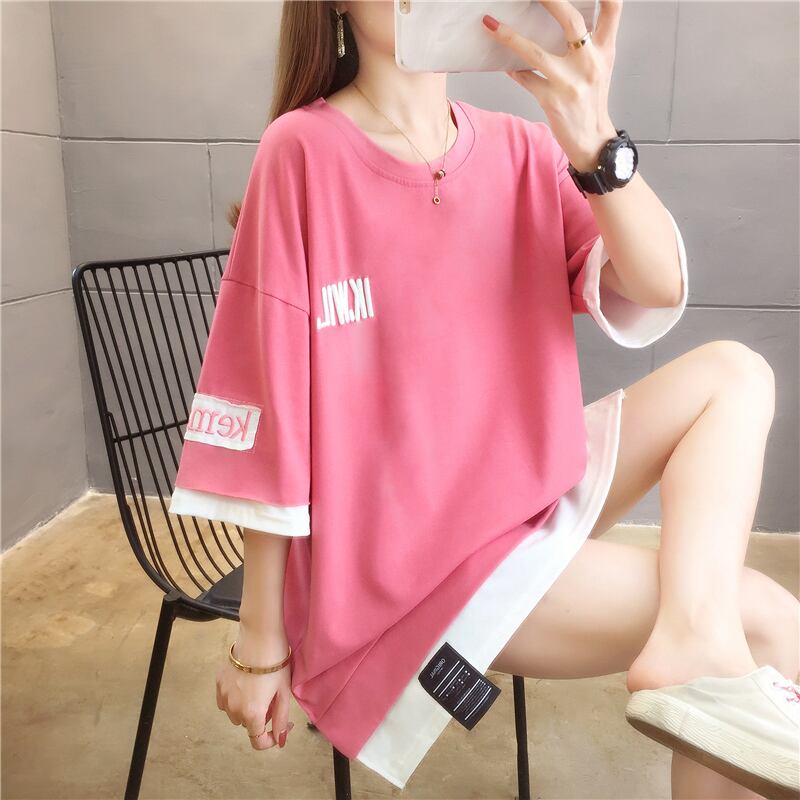 【tops】ラウンドネック半袖カジュアル偽二つ切り替え配色着まわしTシャツ