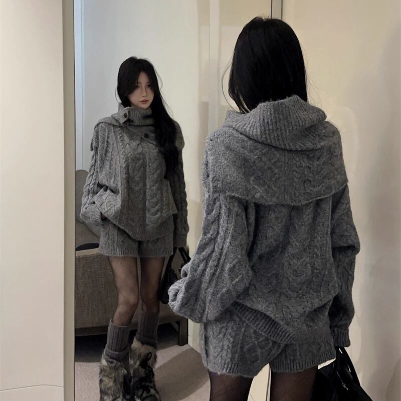 【set】ケープ×ニットトップス×ショートパンツ3点セット Q7441
