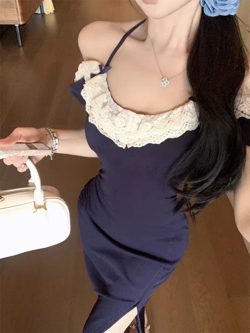 【dress】スリット入れレースドッキングロングワンピース Q8315