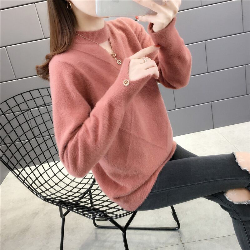 【tops】選べる5色！ハーフネック長袖メッシュ切り替え無地お洒落韓国風ニットセーターF0861