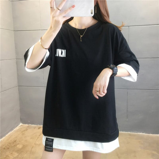 【tops】ラウンドネック半袖カジュアル偽二つ切り替え配色着まわしTシャツ