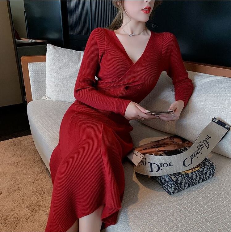 【dress】好感度UP!気質満点エレガントVネック知的着痩せニットワンピース G2291