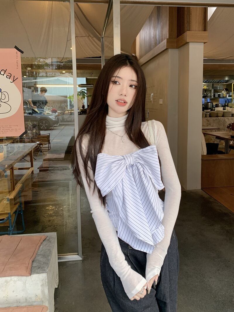 【set】Tシャツ+ストライプ柄リボンベアトップ２点セットG21346