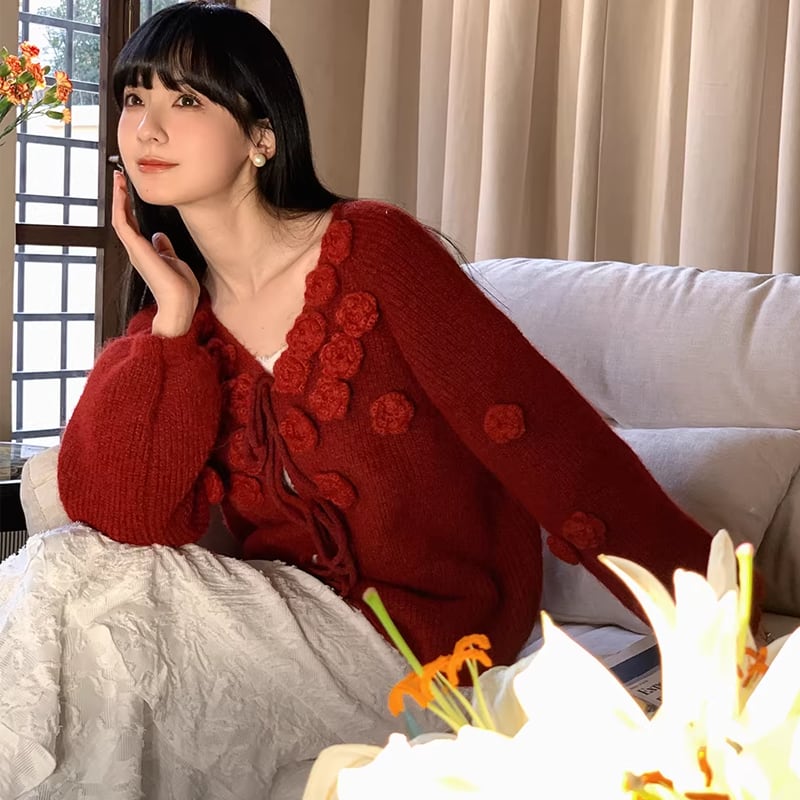 【tops】立体感フラワーニットトップス Q7782