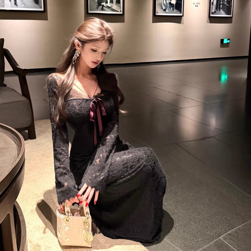 【dress】リボン付きレースタイトワンピース Q7602