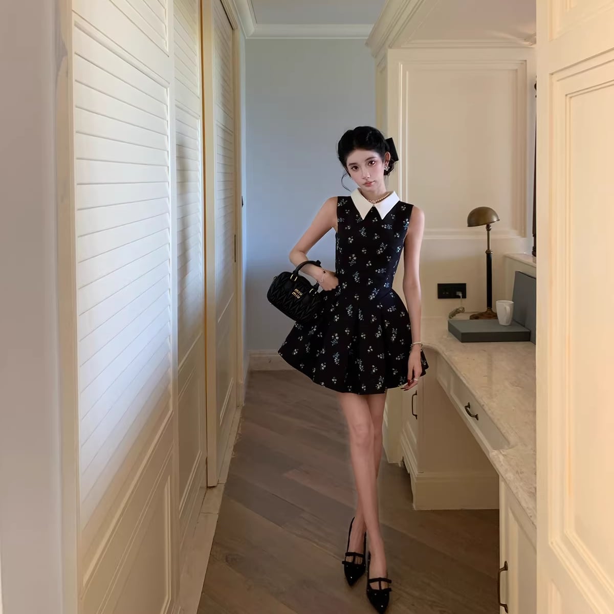 【dress】ノースリーブ花柄フレアミニワンピース Q8413