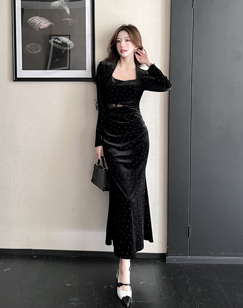 【dress】スクエアネックレースドッキングロングワンピース Q7286