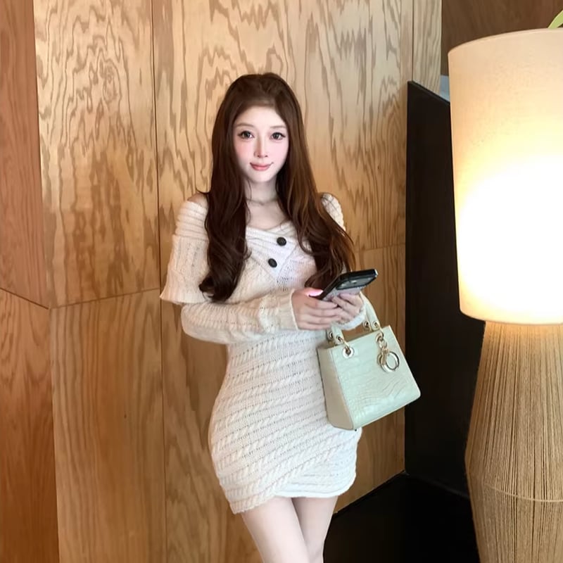 【dress】オフショルダーニットワンピース Q7816