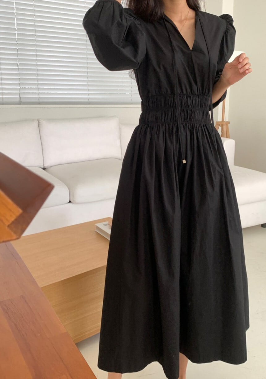 【dress】パフスリーブウエストギャザーワンピース　N2974