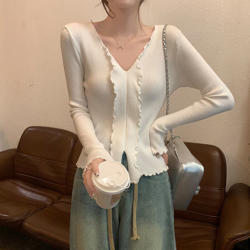 【tops】Vネックフリルニットトップス　M18839