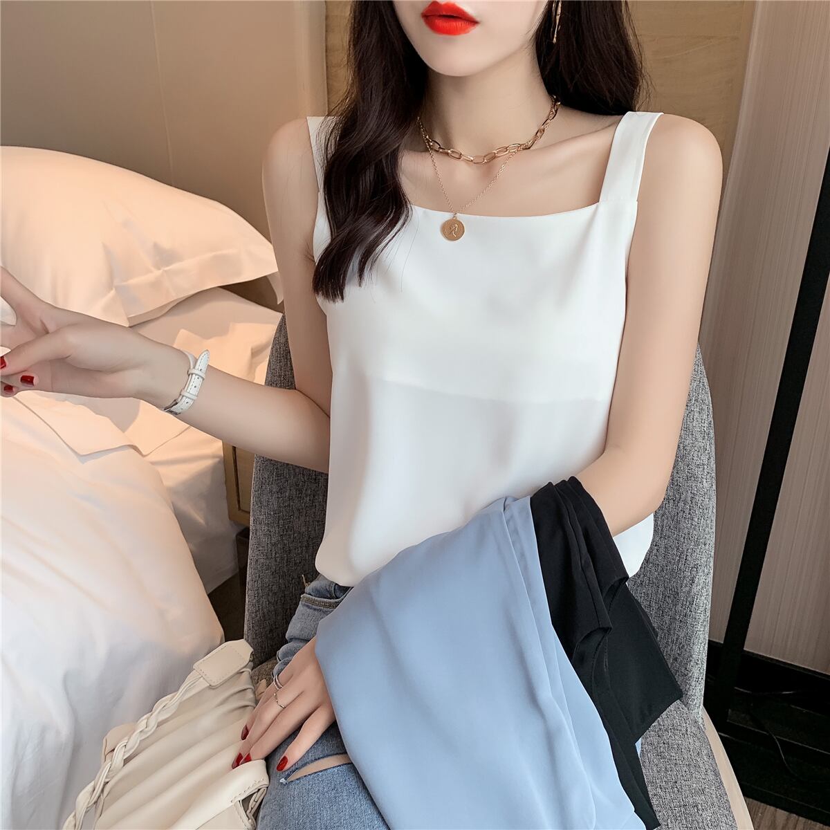 【tops】店長推薦3色夏新作韓国風INS風スクエアネック無地着回しキャミソールF1996