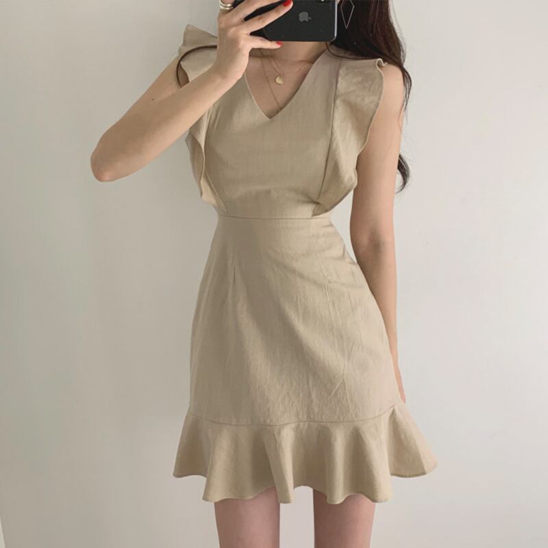 【dress】韓国風好感度UP!気質満点レトロフリル着痩せマーメイドワンピース G0127